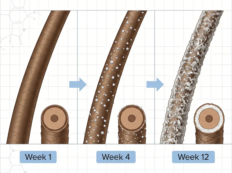 Educational diagram showing how calcium and magnesium minerals from hard water coat hair strands and create buildup over time