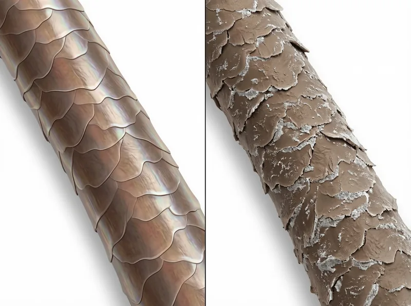 Microscopic comparison showing clean hair cuticle versus hair with mineral buildup from hard water