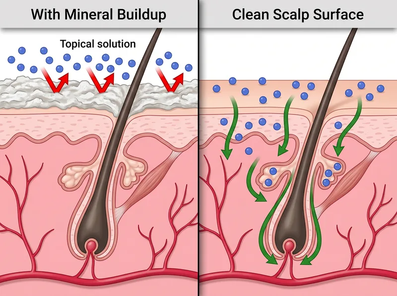 Diagram showing how mineral buildup on scalp surface blocks topical treatment absorption into hair follicles
