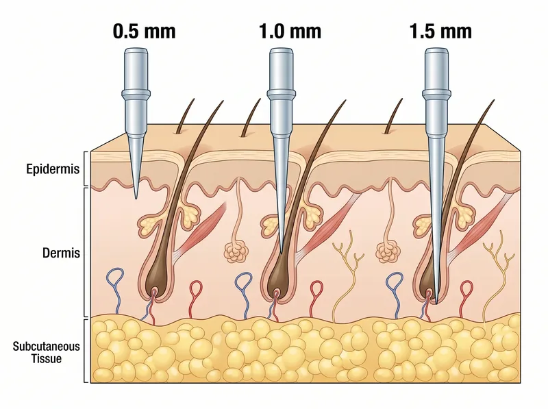 Educational diagram comparing three microneedle depths and their penetration into scalp tissue layers