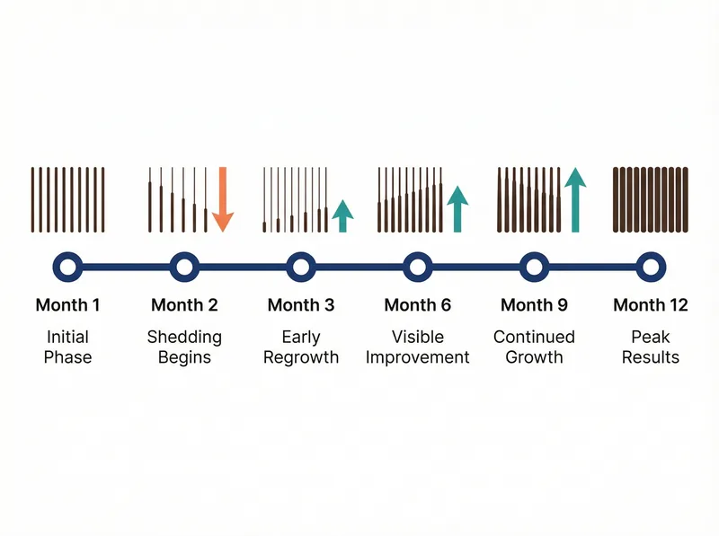 Visual timeline showing minoxidil results progression from month 1 through month 12