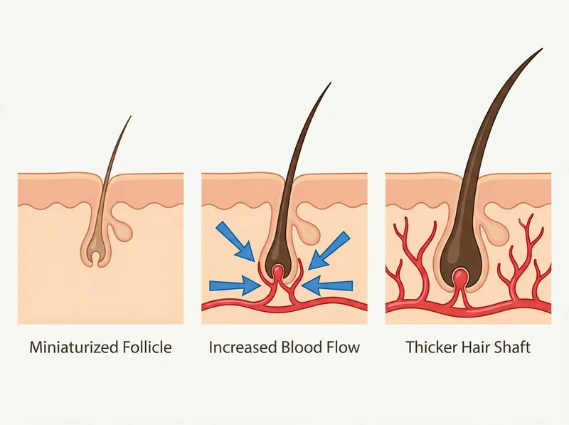 Scientific diagram showing how minoxidil affects hair follicles at the cellular level