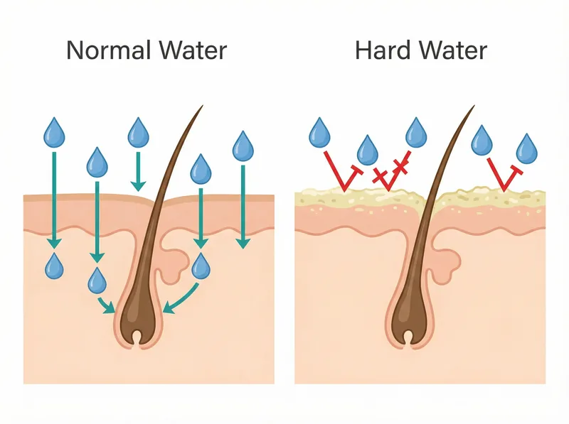 Comparison diagram showing clean hair follicle versus follicle with mineral buildup blocking minoxidil absorption