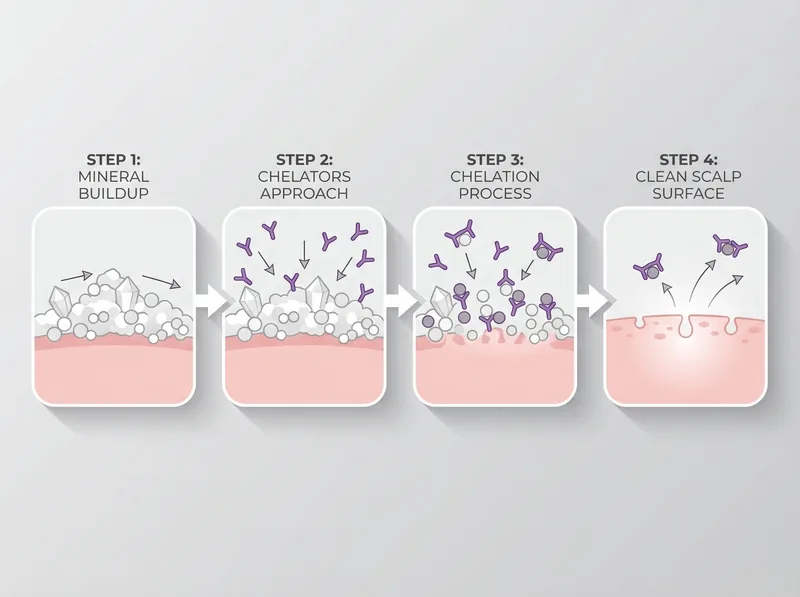 Infographic showing chelation process removing mineral buildup from scalp
