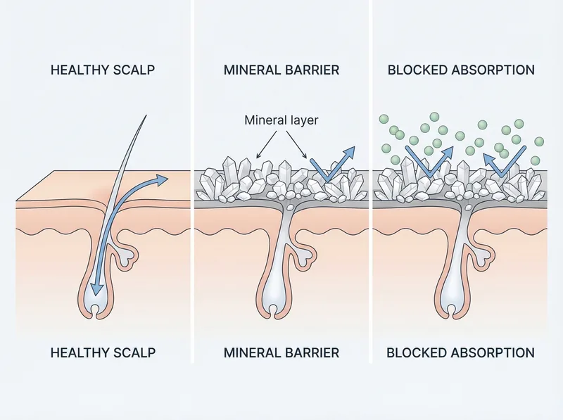 Scientific diagram showing how mineral deposits block minoxidil absorption on scalp