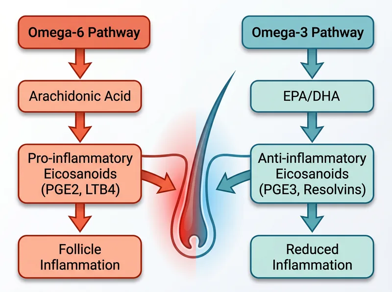 Diagram showing how omega-3 fatty acids modulate the inflammatory cascade in hair follicles by producing anti-inflammatory eicosanoids