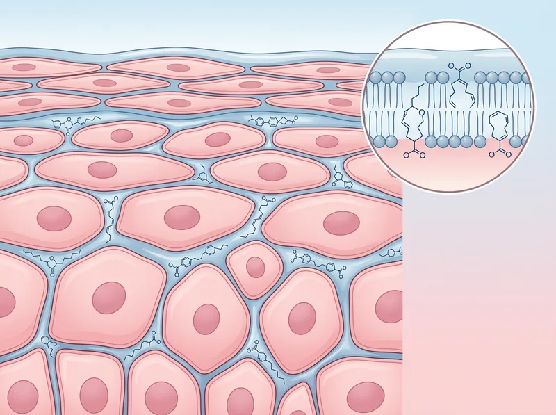 Cross-section illustration of scalp skin layers showing how omega-3 fatty acids strengthen the lipid barrier between cells