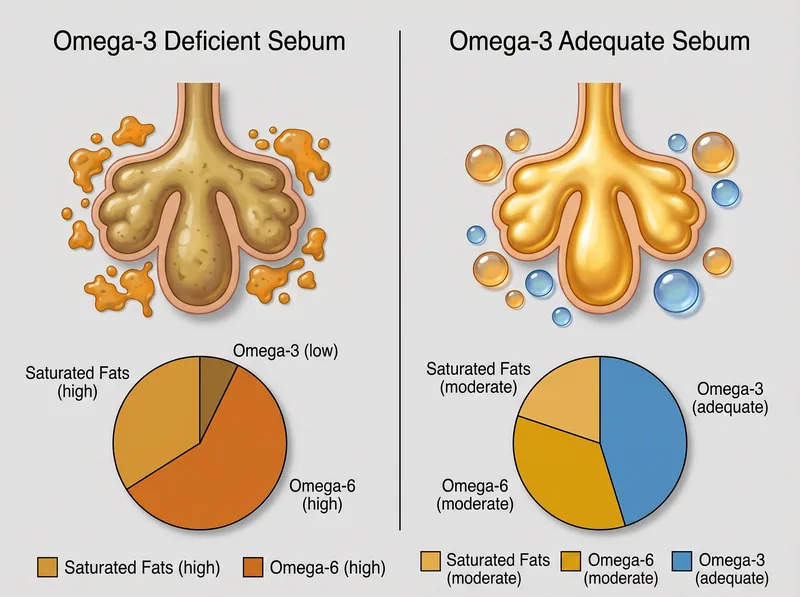 Side-by-side comparison of sebum composition with adequate omega-3 intake versus omega-3 deficiency showing lipid ratios