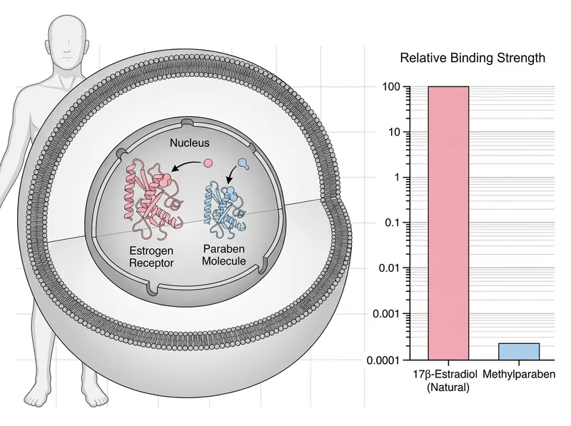 Scientific diagram showing how parabens interact with estrogen receptors at cellular level with labeled pathways