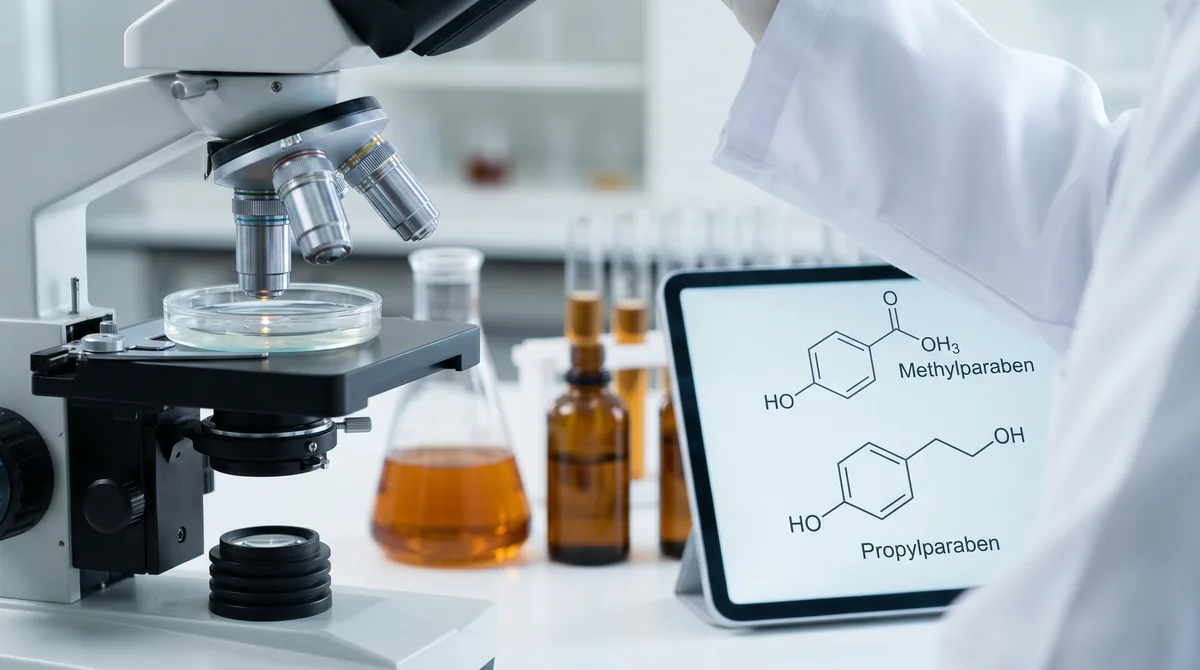 Laboratory microscope examining cosmetic preservative molecules with scientific equipment and chemical structure diagrams