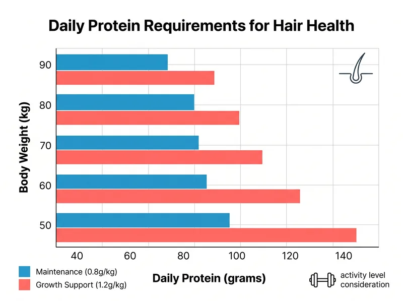 Infographic showing daily protein requirements for hair health by body weight with sedentary vs active lifestyle comparisons