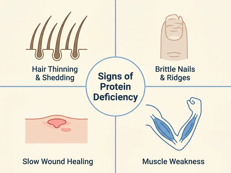 Visual diagram showing four clinical signs of protein deficiency affecting hair and body