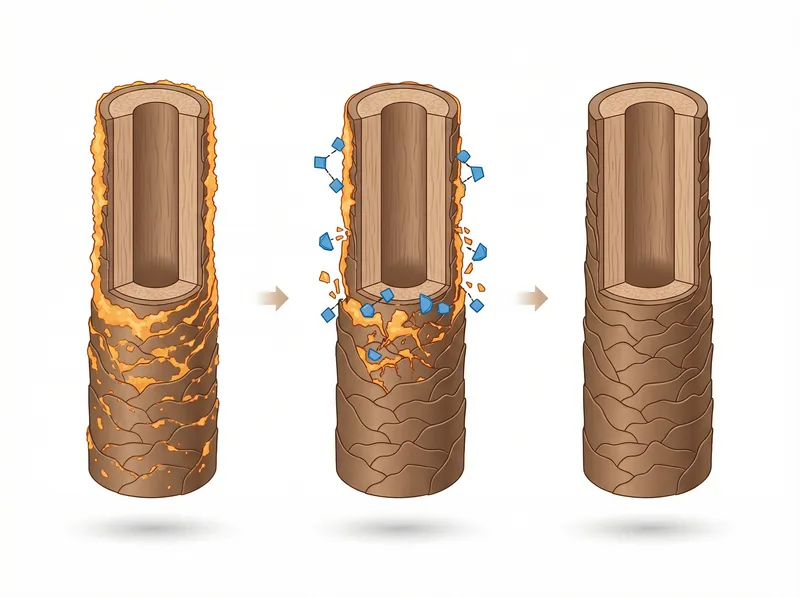 Educational diagram showing three-stage process of mineral buildup removal from hair shaft with chelating agents