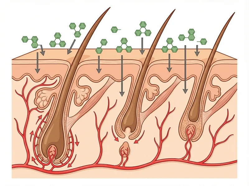 Scientific diagram showing how rosemary compounds interact with hair follicles and scalp tissue at the cellular level