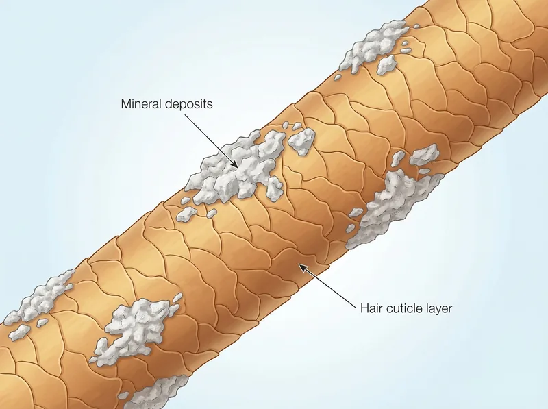 Microscopic view of hair strand showing mineral deposits and buildup from hard water
