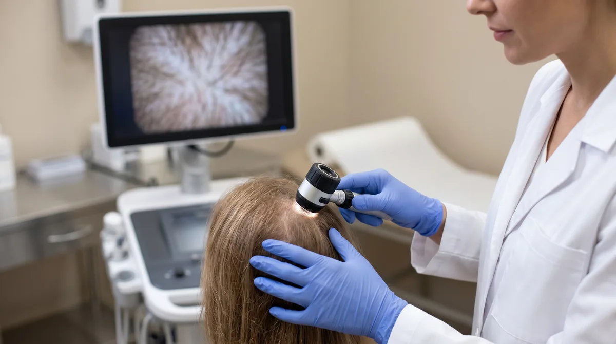 Close-up of dermatologist examining patient's scalp with dermoscope in modern clinical setting