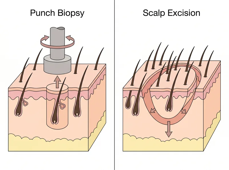 Educational diagram comparing punch biopsy and scalp excision biopsy techniques with cross-sectional views