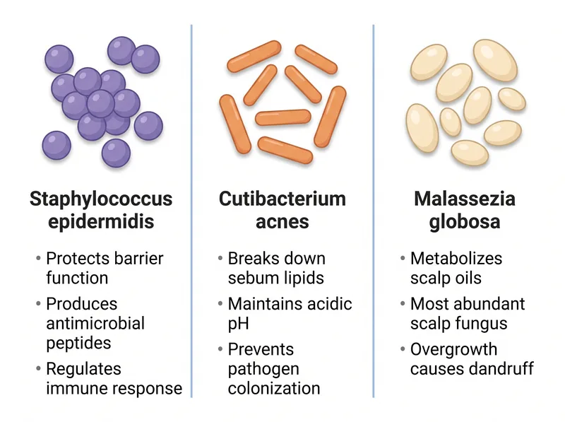 Educational diagram showing three primary scalp microbiome species and their functions in sebum regulation