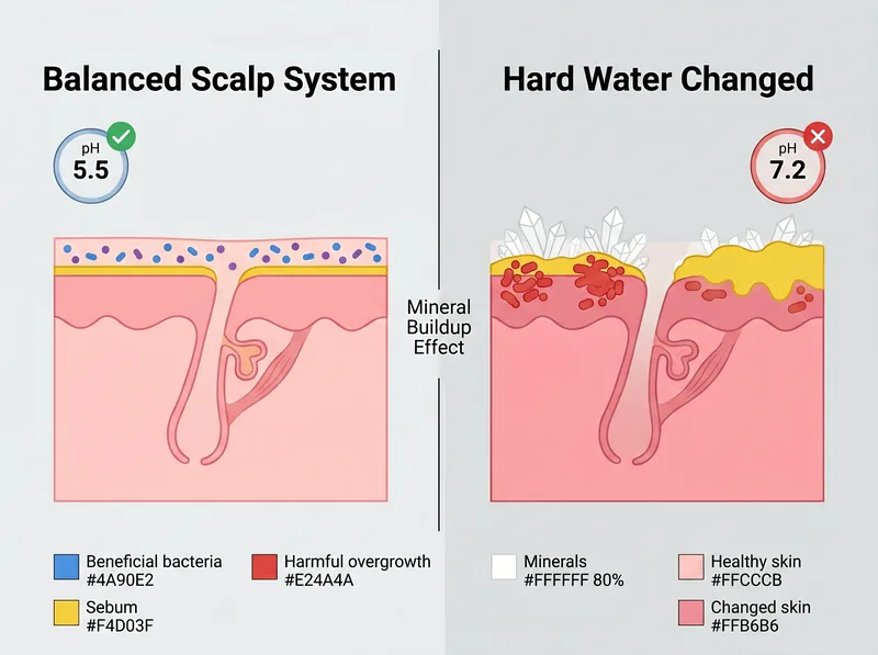 Before and after comparison showing balanced scalp microbiome versus changeed system from hard water minerals
