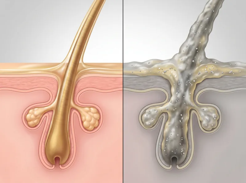 Comparison showing clean hair follicle versus follicle coated with mineral residue and excess sebum