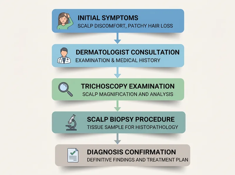 Flowchart showing the diagnostic pathway for scarring alopecia from initial symptoms through specialist evaluation and scalp biopsy