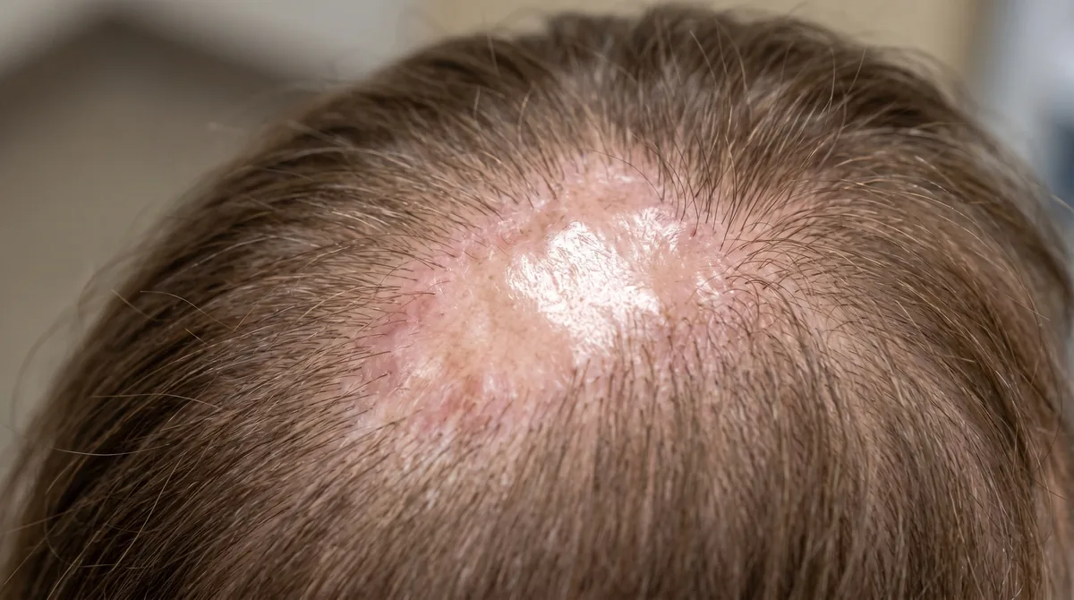 Close-up medical photograph showing scalp with scarring alopecia patches revealing smooth, shiny skin texture where hair follicles have been permanently destroyed
