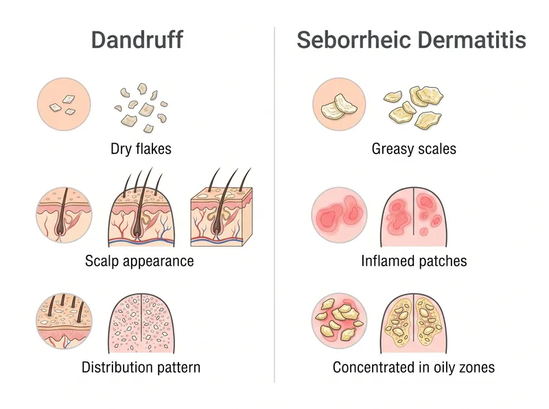 Educational infographic comparing visual symptoms of seborrheic dermatitis and dandruff