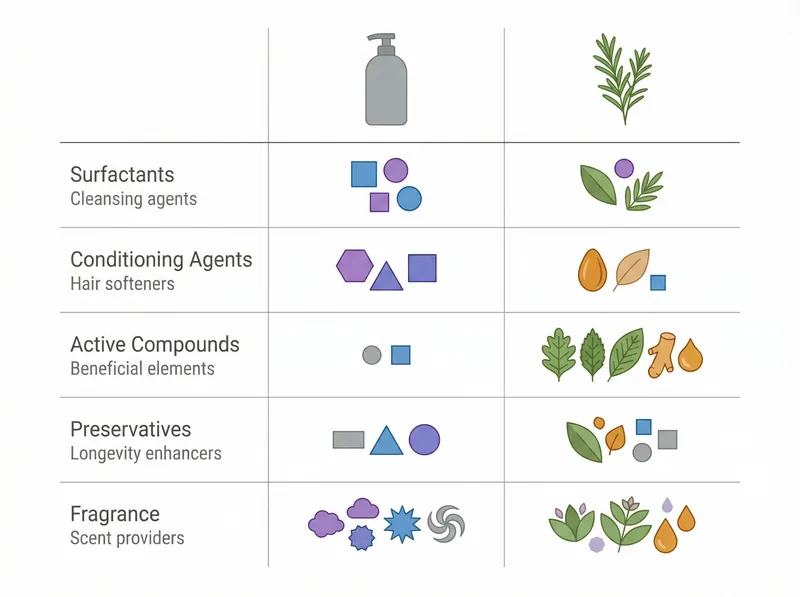 Side-by-side ingredient comparison showing typical regular shampoo formula versus rosemary-based shampoo formula with key active compounds highlighted