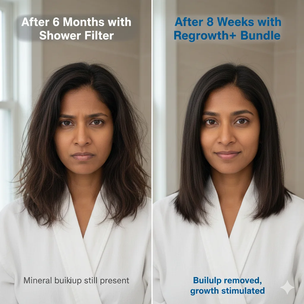 Before and after comparison showing hair condition after six months with shower filter versus eight weeks with Regrowth+ complete system