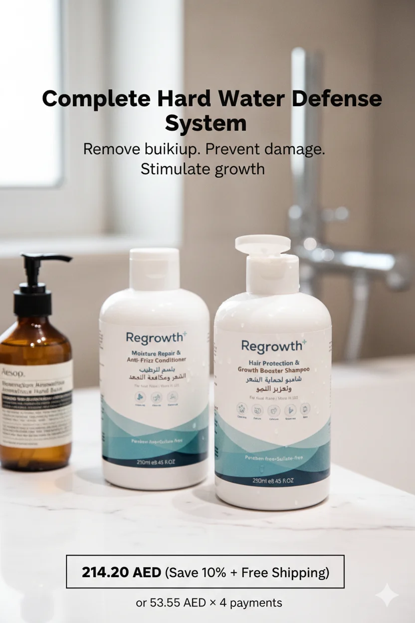 Regrowth+ complete hair system bundle showing chelating shampoo and protective conditioner on white marble bathroom counter