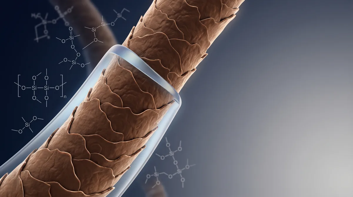 Microscopic view of hair strand with silicone coating showing molecular structure and cuticle layer protection