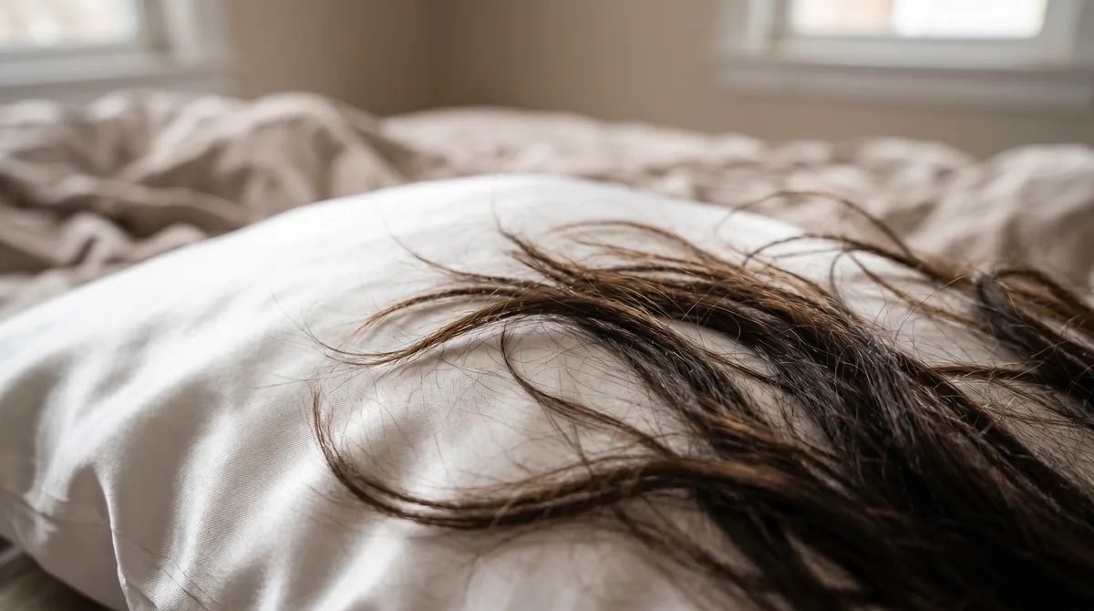Close-up of dark hair strands on white silk pillowcase showing contrast between smooth fabric and hair texture