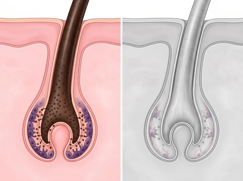 Educational diagram comparing healthy melanocyte producing pigment versus damaged melanocyte in hair follicle showing reduced melanin production