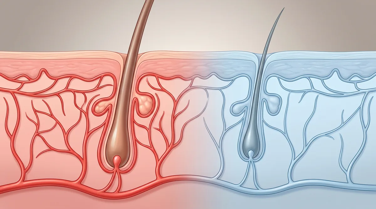 Close-up medical illustration showing constricted blood vessels around hair follicles with reduced blood flow indicated by narrowed capillaries