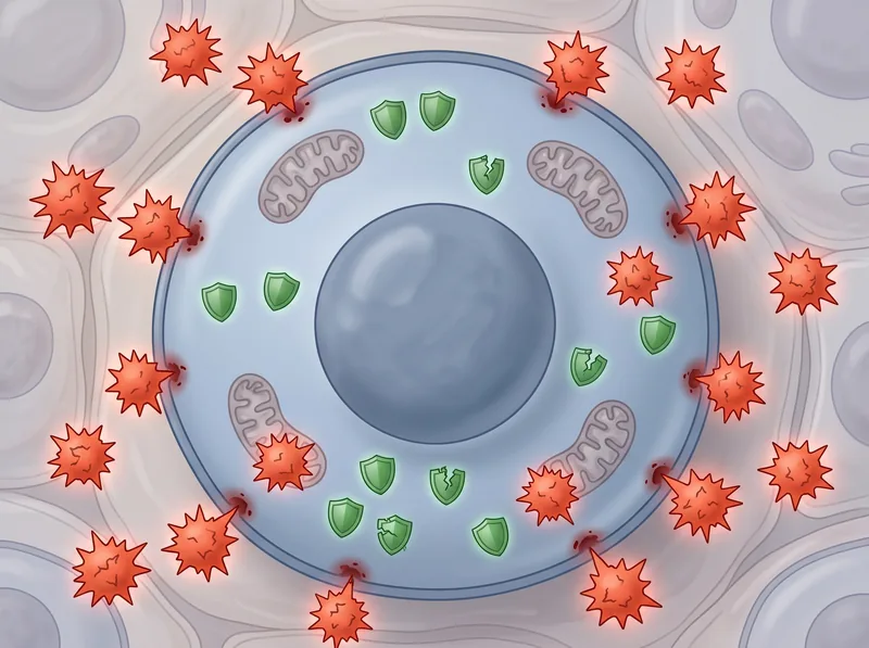 Scientific diagram illustrating oxidative stress attacking hair follicle cells with free radicals shown as unstable molecules damaging cellular structures