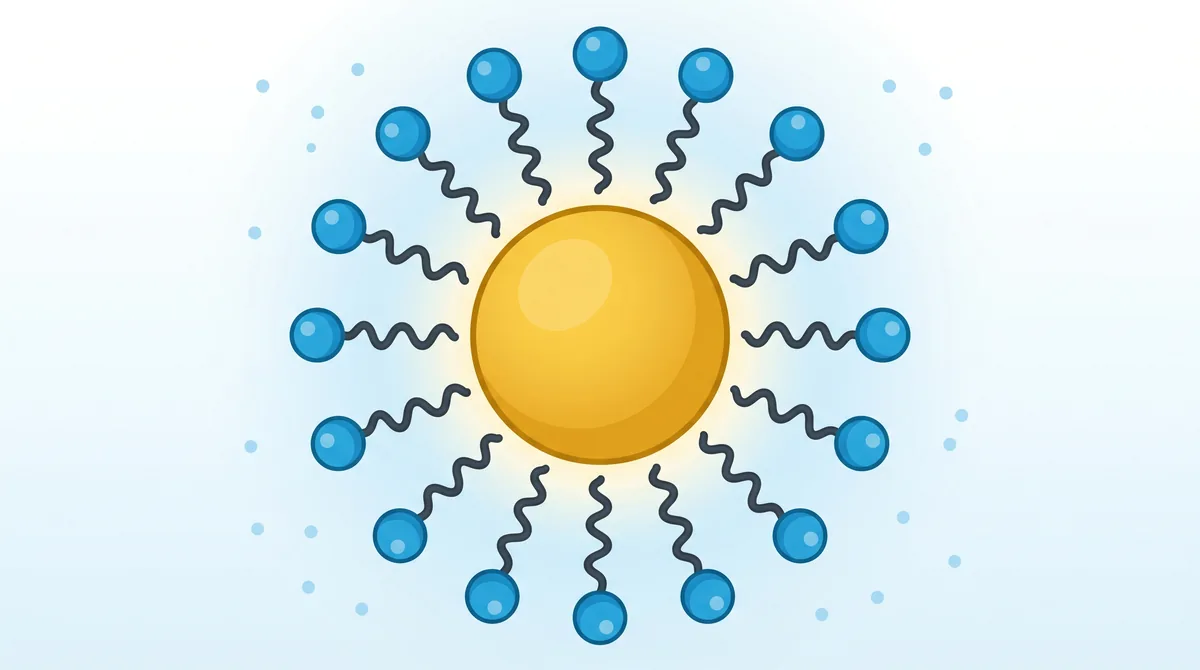 Microscopic view of surfactant molecules surrounding an oil droplet in water, showing hydrophilic heads and hydrophobic tails