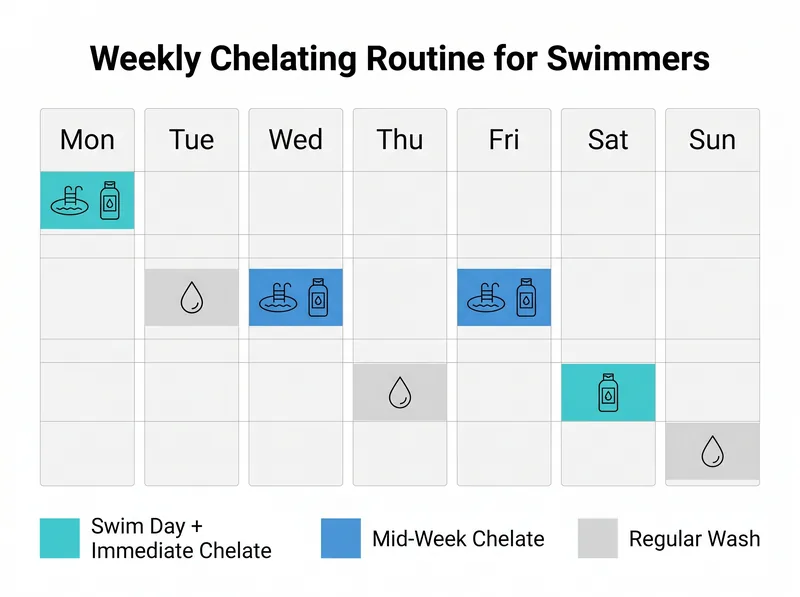 Visual timeline showing optimal chelating shampoo routine for swimmers exposed to both chlorine and hard water