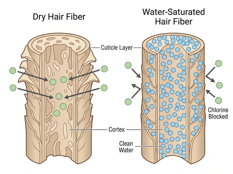 Educational diagram showing hair fiber cross-section with water saturation before and after pre-soaking