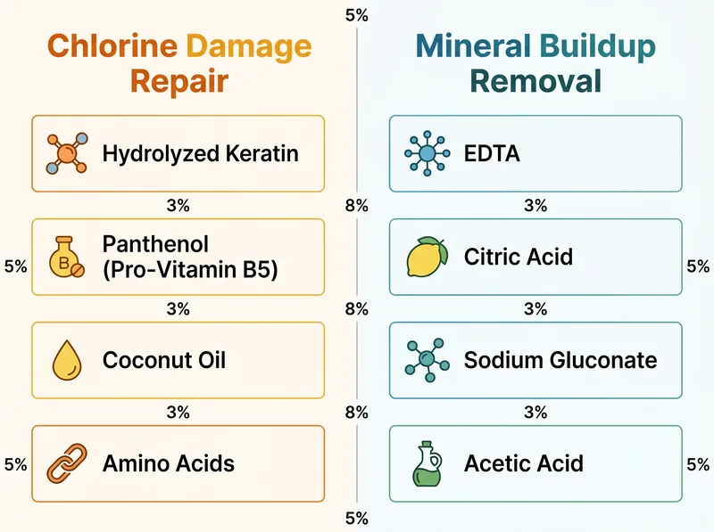 Comparison chart of key ingredients for repairing chlorine-damaged hair versus hard water damage