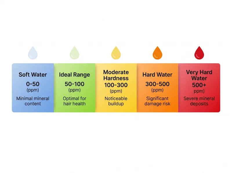 Infographic chart showing TDS reading ranges from 0-500+ ppm with color-coded zones and hair health implications