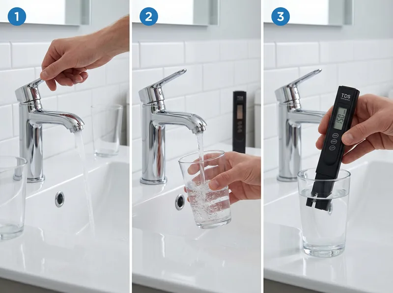 Step-by-step visual guide showing proper TDS meter testing technique with three sequential images
