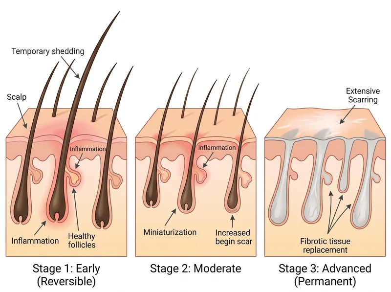 Medical diagram showing three progressive stages of traction alopecia from early warning signs to permanent scarring