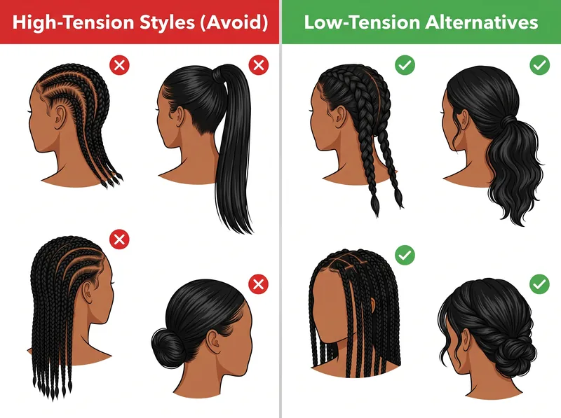 Comparison chart showing high-tension hairstyles versus low-tension protective alternatives for preventing traction alopecia