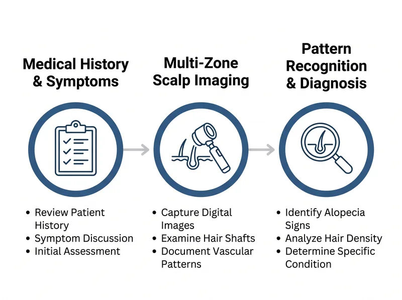 Infographic showing the trichoscopy examination process from initial consultation through diagnosis with three main stages illustrated