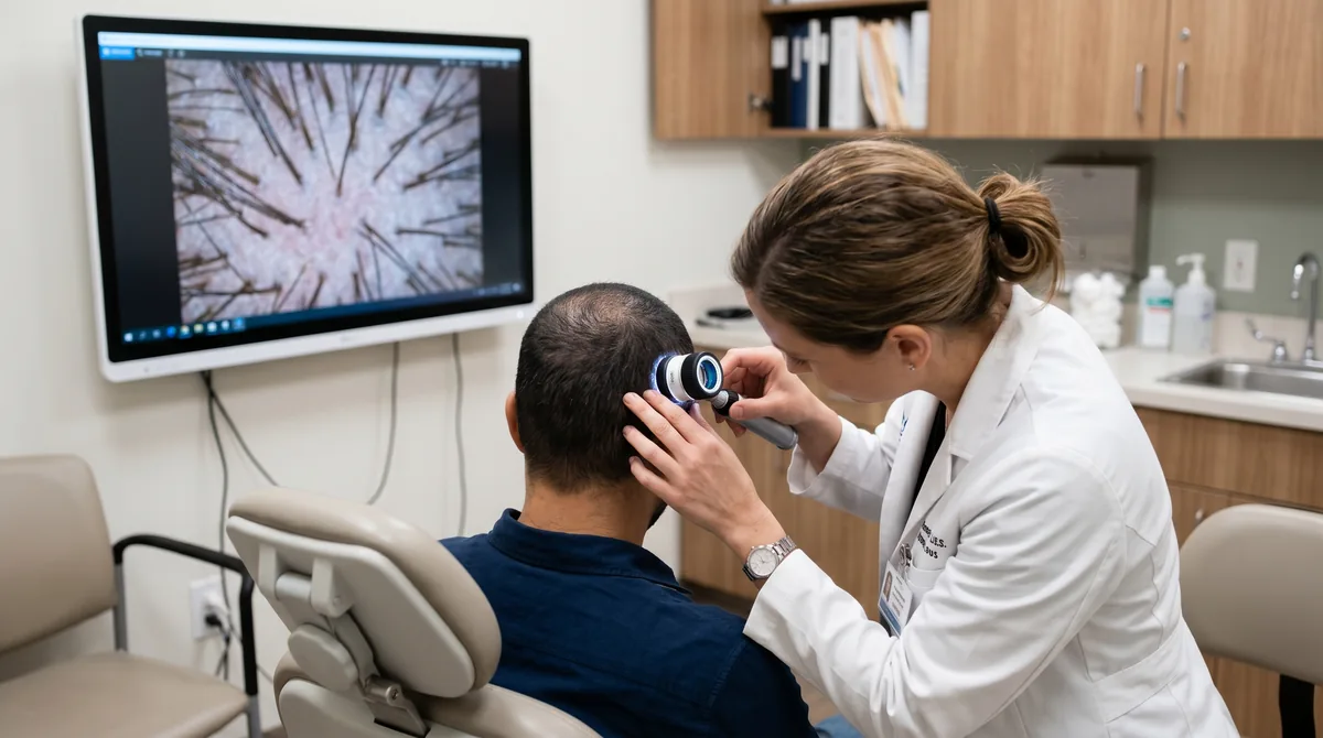 Dermatologist performing trichoscopy examination on patient's scalp with handheld dermoscope showing magnified view on digital screen