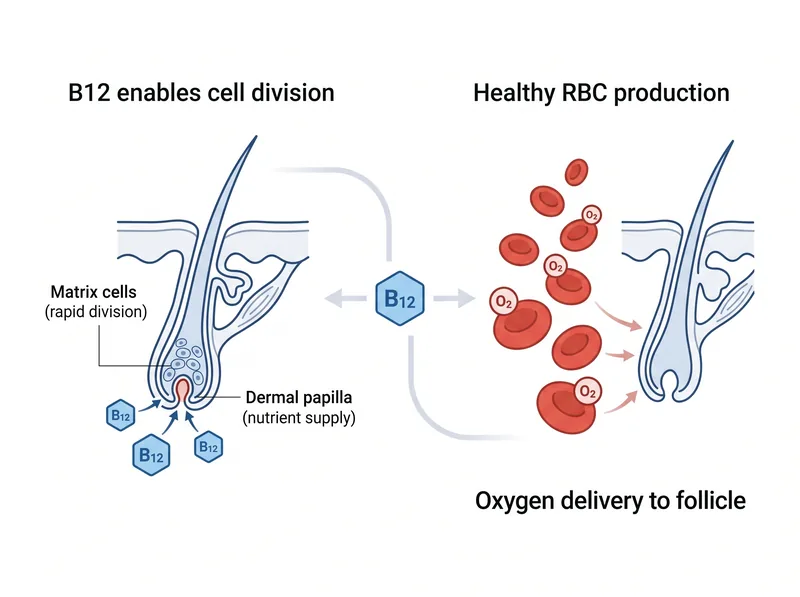 Educational diagram showing how vitamin B12 supports hair follicle cell division and red blood cell formation