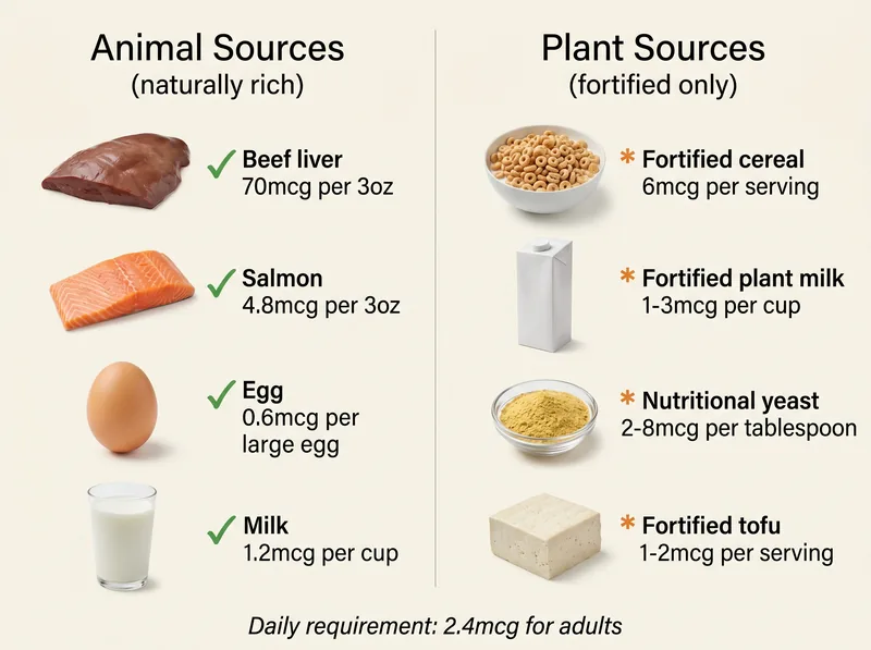 Comparison chart showing B12 content in animal versus plant-based food sources with serving sizes