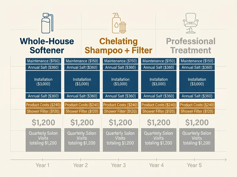 Cost comparison infographic showing whole-house water softener versus chelating shampoo and shower filter alternatives over 5 years