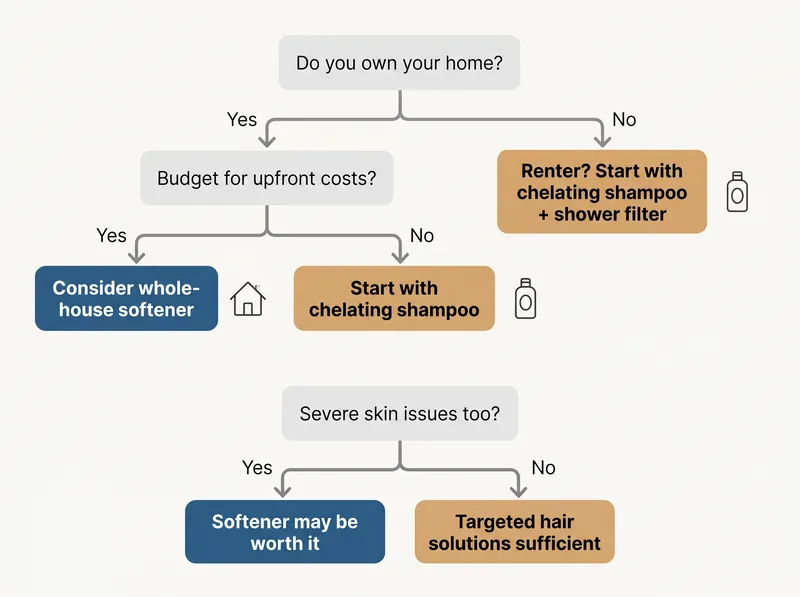 Decision tree flowchart helping readers choose between water softener, shower filter, or chelating shampoo based on their situation
