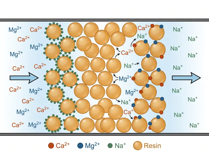 Scientific diagram showing ion exchange process in water softener resin removing calcium and magnesium ions